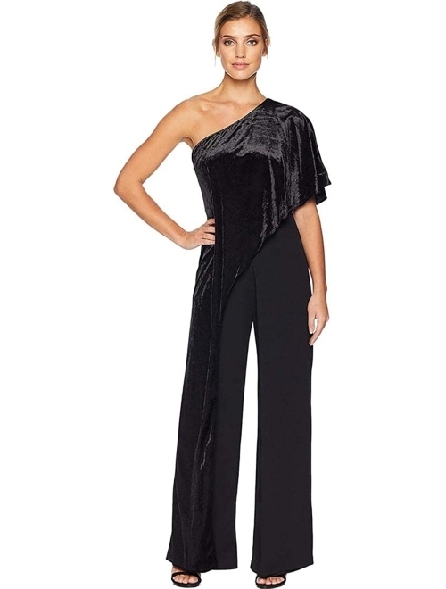 Adrianna Papell Women's One Shoulder Bodice Wide Leg Velvet Jumpsuit