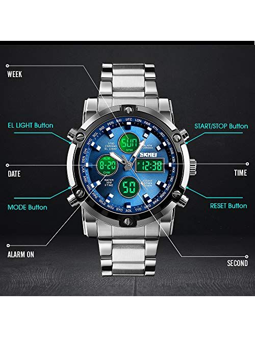 SKMEI Mens Wrist Watch, Waterproof Military Analog Digital Watches with LED Multi Time Chronograph, Stainless Steel Business Watches for Men