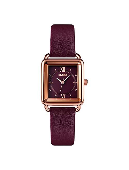 SKMEI Women Watch, Leather Elegant Rectangle Wrist Watch for Lady Girls, Analog Quartz Waterproof Watches for Women