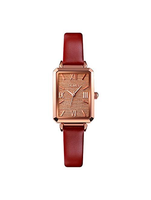 SKMEI Women Watch, Leather Elegant Rectangle Wrist Watch for Lady Girls, Analog Quartz Waterproof Watches for Women