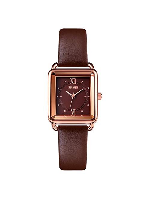 SKMEI Women Watch, Leather Elegant Rectangle Wrist Watch for Lady Girls, Analog Quartz Waterproof Watches for Women