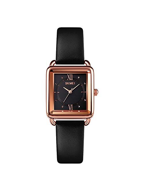 SKMEI Women Watch, Leather Elegant Rectangle Wrist Watch for Lady Girls, Analog Quartz Waterproof Watches for Women