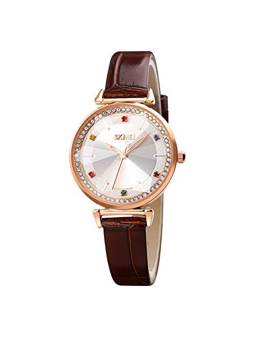 SKMEI Women Watch, Leather Elegant Wrist Watch for Lady Girls, Analog Quartz Waterproof Watches for Women