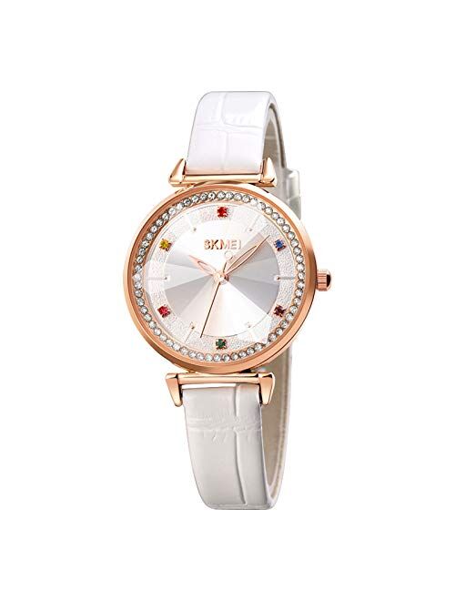 SKMEI Women Watch, Leather Elegant Wrist Watch for Lady Girls, Analog Quartz Waterproof Watches for Women