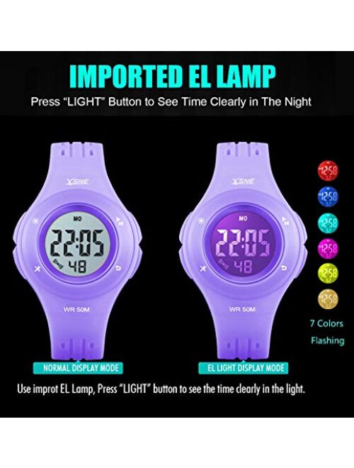 Olazone Kids Digital Watch Girls Boys Sports 7-Color Flashing Light Water Resistant 100FT Alarm Age 7-10