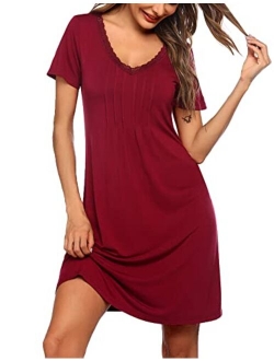 Womens Nightgown Short Sleeve Sleepwear Pleated Sleepshirt Comfy Lace Trim Scoopneck Nightshirt S-XXL