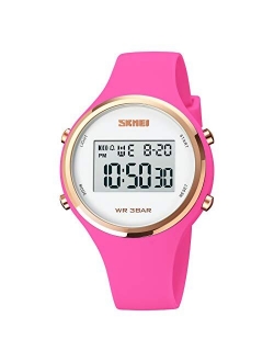 Woman's Digital Watches Sports,Simple Wrist Watches for Lady LED Backlight with Silicone Band