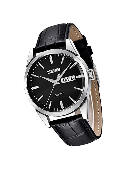 Watch for Men Business Dress Classic Fashion Casual Black Leather Quartz Analog Waterproof Calendar Date Light Simple Wrist Watches Dad Fathers Gifts SKMEI