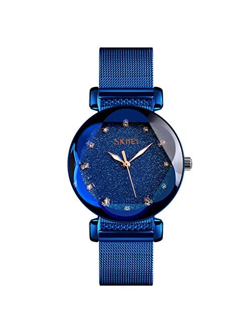 SKMEI Lady Watches for Women Waterproof Casual Fashion Dress Japanese Quartz Movement Luminous Mesh Stainless Steel Wristwatch Gifts Rose Gold Black Blue Dial