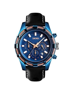 Watches for Men Large Big Face Luxury Waterproof Luminous Fashion Dress Casual Analog Quartz Chronograph Gold Leather Band Sports Wrist Watch Boyfreinds Gifts SKMEI