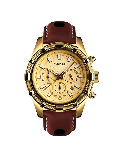 Watches for Men Large Big Face Luxury Waterproof Luminous Fashion Dress Casual Analog Quartz Chronograph Gold Leather Band Sports Wrist Watch Boyfreinds Gifts SKMEI