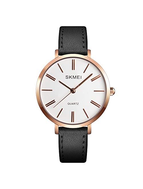 Women's Watches for Ladies Female Light Leather Band Waterproof Thin Minimalist Fashion Casual Simple Quartz Analog Young Girls Gift White Wrist Watch SKMEI