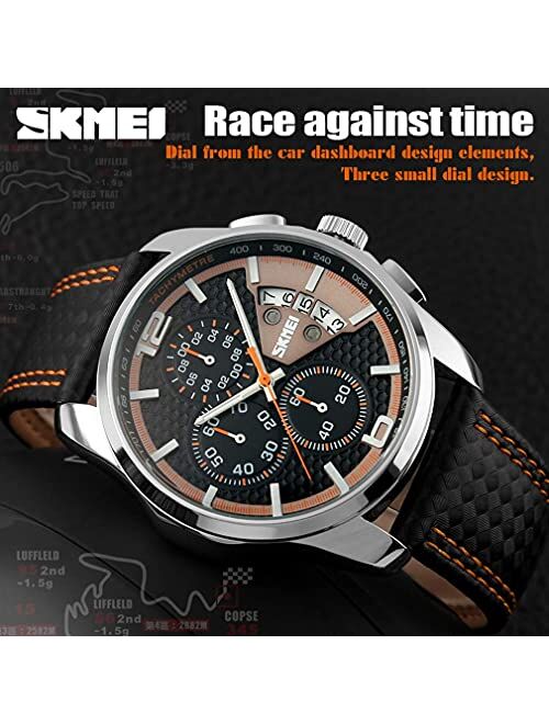 SKMEI Mens Chronograph Watches Black Leather Band Sports Waterproof Analog Quartz Luminous Wristwatch Father's Gifts