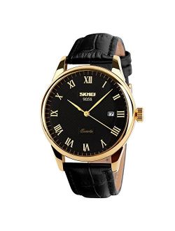 Business Mens Quartz Wristwatches Roman Numeral Leather Band Casual Water Resist Analog Watches
