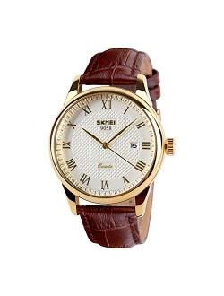 Business Mens Quartz Wristwatches Roman Numeral Leather Band Casual Water Resist Analog Watches