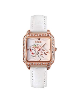 Woman's Quartz Watches,3ATM Waterproof Fashion Elegant Diamond Case Wrist Watches for Lady with Genuine Leather Band