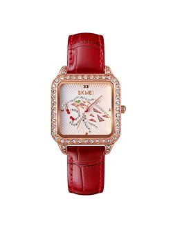 Woman's Quartz Watches,3ATM Waterproof Fashion Elegant Diamond Case Wrist Watches for Lady with Genuine Leather Band