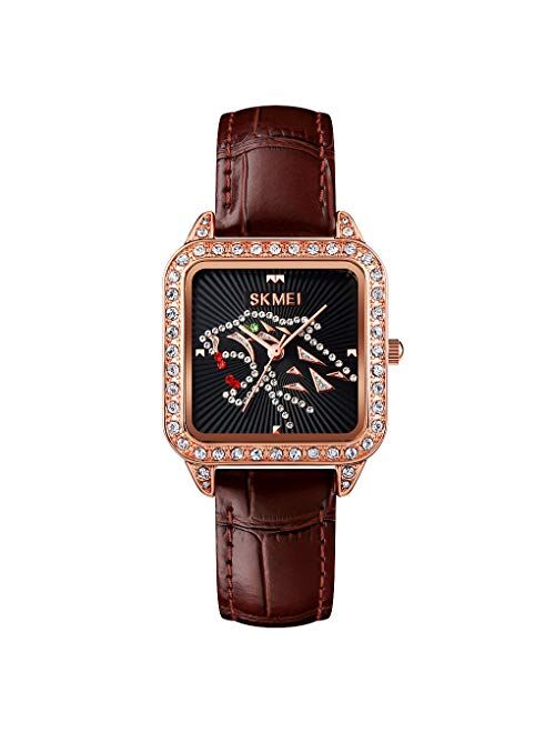 Skmei Woman's Quartz Watches,3ATM Waterproof Fashion Elegant Diamond Case Wrist Watches for Lady with Genuine Leather Band