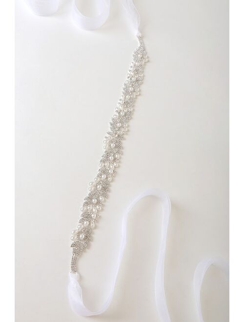 Lulus Sweetest Ending Silver Rhinestone and Pearl Bridal Belt