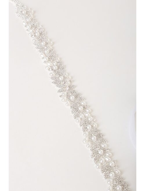 Lulus Sweetest Ending Silver Rhinestone and Pearl Bridal Belt