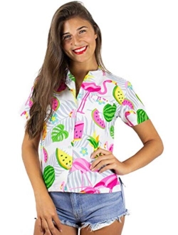 Hawaiian Blouse Shirt for Women Funky Casual Button Down Very Loud Shortsleeve Parrot Cockatoo