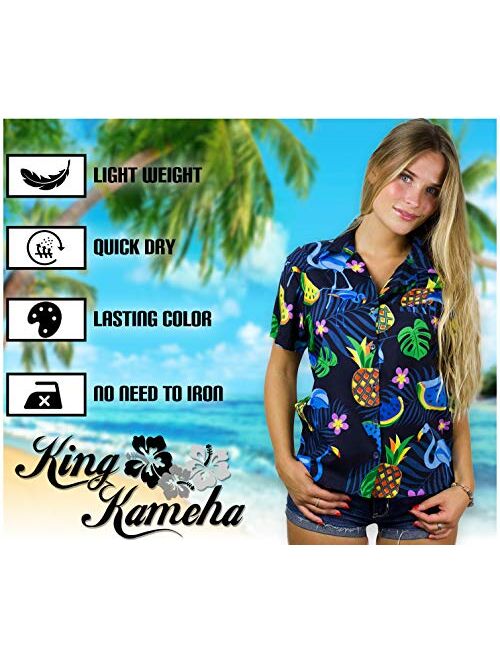 King Kameha Hawaiian Blouse Shirt for Women Funky Casual Button Down Very Loud Shortsleeve Parrot Cockatoo