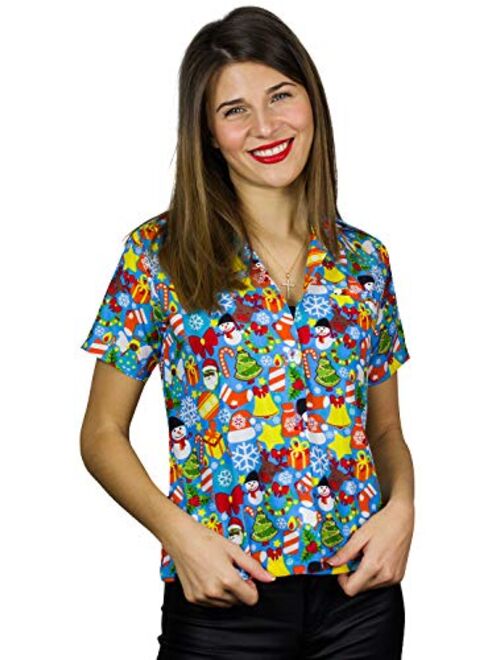 King Kameha Hawaiian Blouse Shirt Women Funky Casual Button Down Very Loud Shortsleeve Unisex X-Mas Christmas Allover Mix