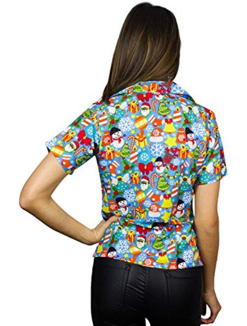 King Kameha Hawaiian Blouse Shirt Women Funky Casual Button Down Very Loud Shortsleeve Unisex X-Mas Christmas Allover Mix