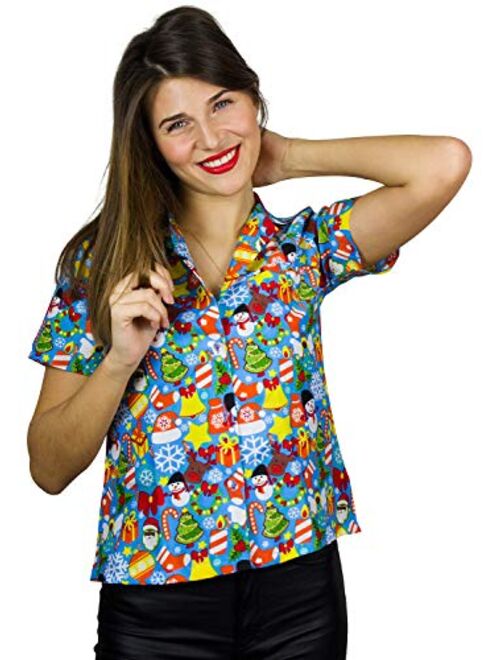 King Kameha Hawaiian Blouse Shirt Women Funky Casual Button Down Very Loud Shortsleeve Unisex X-Mas Christmas Allover Mix