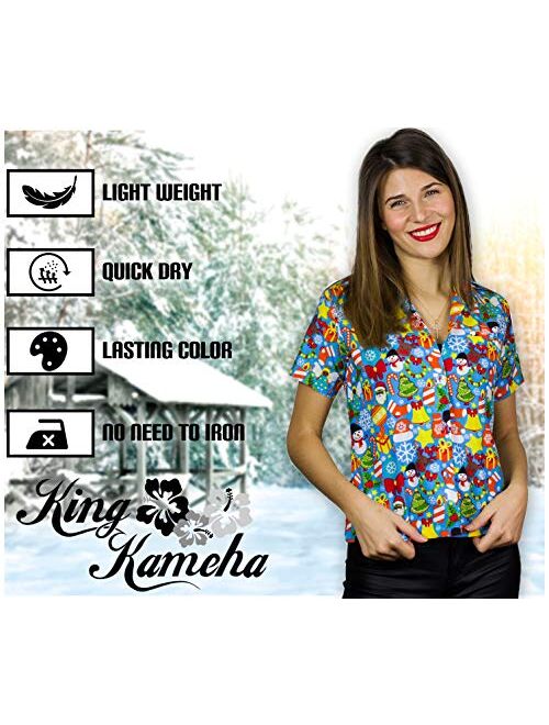 King Kameha Hawaiian Blouse Shirt Women Funky Casual Button Down Very Loud Shortsleeve Unisex X-Mas Christmas Allover Mix