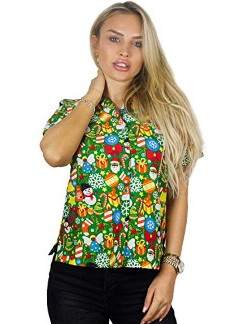 King Kameha Hawaiian Blouse Shirt Women Funky Casual Button Down Very Loud Shortsleeve Unisex X-Mas Christmas Allover Mix