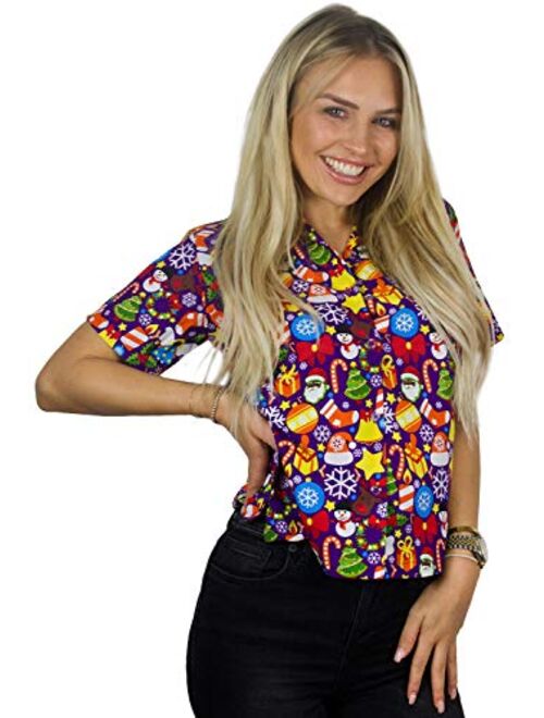 King Kameha Hawaiian Blouse Shirt Women Funky Casual Button Down Very Loud Shortsleeve Unisex X-Mas Christmas Allover Mix