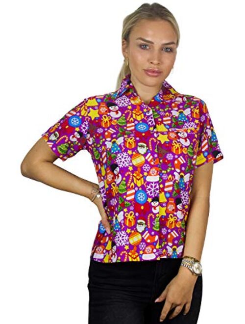 King Kameha Hawaiian Blouse Shirt Women Funky Casual Button Down Very Loud Shortsleeve Unisex X-Mas Christmas Allover Mix