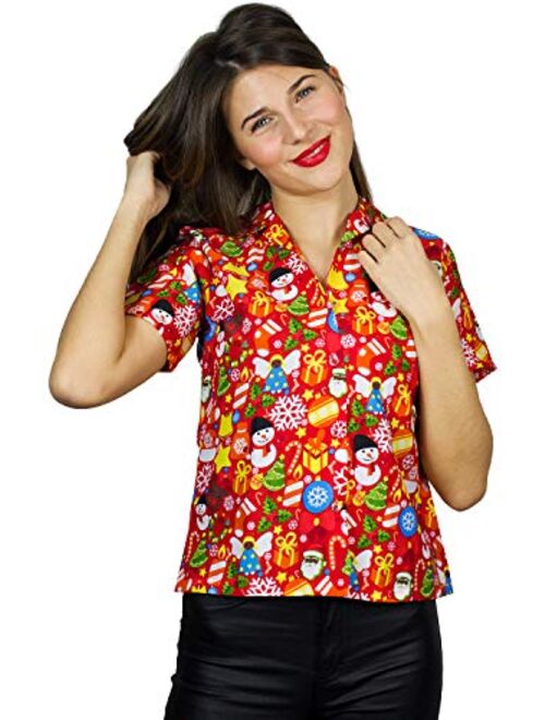 King Kameha Hawaiian Blouse Shirt Women Funky Casual Button Down Very Loud Shortsleeve Unisex X-Mas Christmas Allover Mix