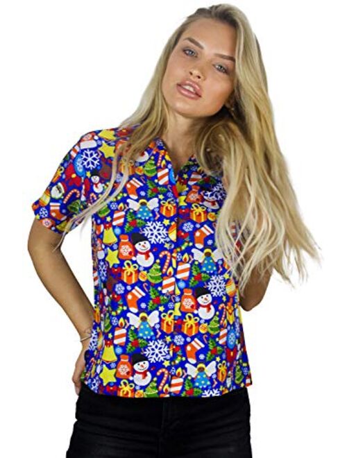 King Kameha Hawaiian Blouse Shirt Women Funky Casual Button Down Very Loud Shortsleeve Unisex X-Mas Christmas Allover Mix