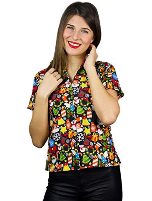 King Kameha Hawaiian Blouse Shirt Women Funky Casual Button Down Very Loud Shortsleeve Unisex X-Mas Christmas Allover Mix