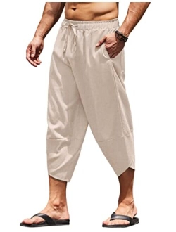 Men's Linen Harem Capri Pants Lightweight Loose 3/4 Shorts Drawstring Elastic Waist Casual Beach Yoga Trousers