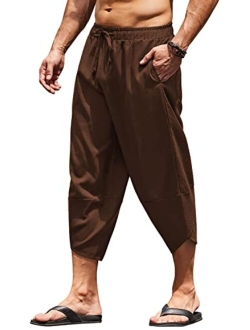 Men's Linen Harem Capri Pants Lightweight Loose 3/4 Shorts Drawstring Elastic Waist Casual Beach Yoga Trousers