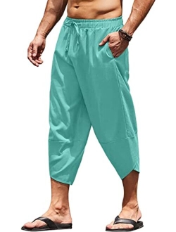 Men's Linen Harem Capri Pants Lightweight Loose 3/4 Shorts Drawstring Elastic Waist Casual Beach Yoga Trousers