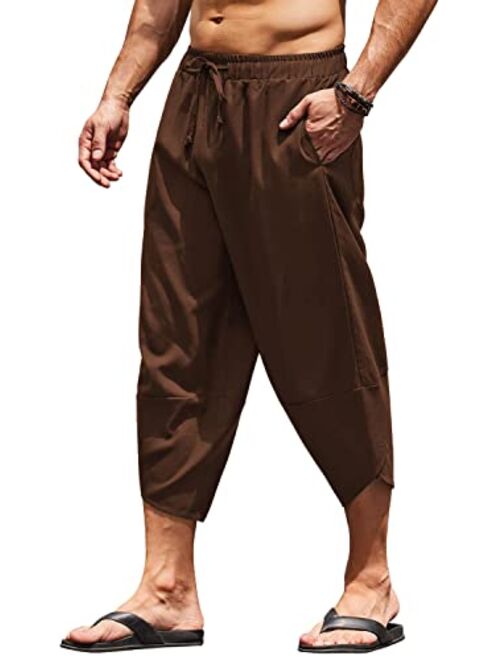 COOFANDY Men's Linen Harem Capri Pants Lightweight Loose 3/4 Shorts Drawstring Elastic Waist Casual Beach Yoga Trousers