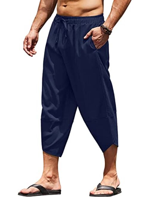 COOFANDY Men's Linen Harem Capri Pants Lightweight Loose 3/4 Shorts Drawstring Elastic Waist Casual Beach Yoga Trousers