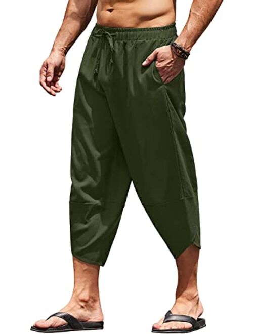 COOFANDY Men's Linen Harem Capri Pants Lightweight Loose 3/4 Shorts Drawstring Elastic Waist Casual Beach Yoga Trousers