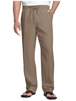 Men's Casual Linen Pants Elastic Waist Drawstring Cotton Trousers