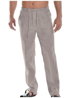 Men's Casual Linen Pants Elastic Waist Drawstring Cotton Trousers