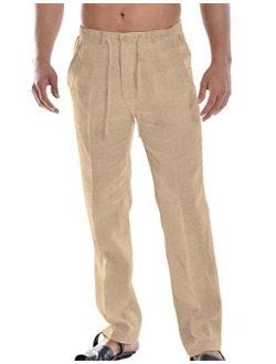 Men's Casual Linen Pants Elastic Waist Drawstring Cotton Trousers