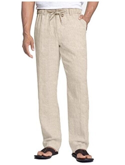 Men's Casual Linen Pants Elastic Waist Drawstring Cotton Trousers