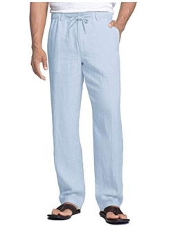 Men's Casual Linen Pants Elastic Waist Drawstring Cotton Trousers