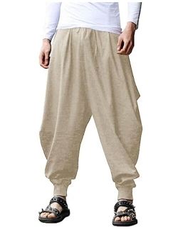 Men Hippie Harem Pants Baggy Linen Boho Yoga Casual Drop Crotch Trouser