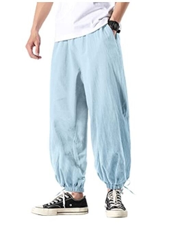 Men's Cotton Linen Pants Causal Drawstring Elastic Waist Harem Pants Lightweight Bloomer Trousers Loose Yoga Pants