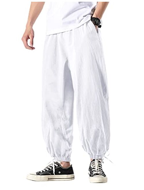 COOFANDY Men's Cotton Linen Pants Causal Drawstring Elastic Waist Harem Pants Lightweight Bloomer Trousers Loose Yoga Pants